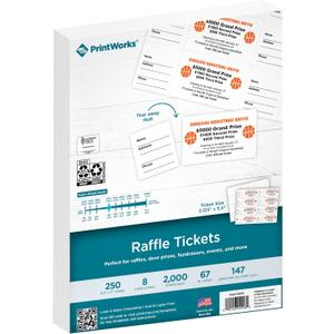 PrintWorks Printable Raffle Tickets With Tear-Away Stubs for Events & Fundraisers - 2000 Custom Tickets (Size 2.125" x 5.5") - 8 per Sheet - 250 Sheets (8.5" x 11") - Made in the USA - White (04296)