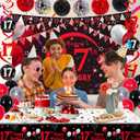 17th Birthday Decorations for Boys Girls Red and Black, Happy 17th Birthday Backdrop Banner, 17 Birthday Party Decoration Tablecloth Balloons Triangle Flag, 17 Year Old Boy Bday Party Supplies