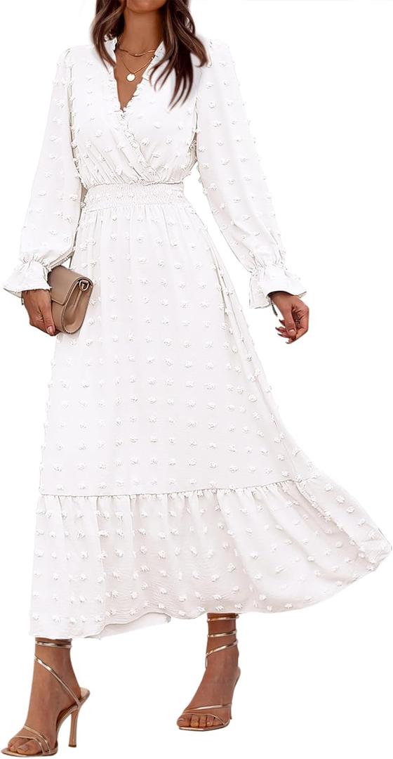 BTFBM Women Spring Maxi Dresses 2026 Long Sleeve V Neck Swiss Dots High Waisted A-Line Ruffle Boho Long Dress Vacation (White) XL