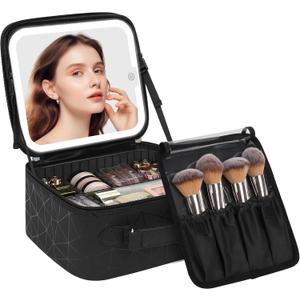 Chomeiu Makeup Bag with LED Mirror, Cute Cosmetic Bags Birthday Gifts for Girls Women, Makeup Train Case Artists Organizer Large Make Up Bags with Light Up Mirror 3 Color Lights, Black Geometric
