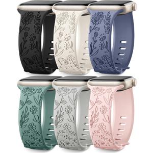 SNBLK 6 Pack Floral Engraved Bands Compatible with Apple Watch Bands 40mm 41mm 42mm 38mm 44mm 45mm 46mm 49mm Women Men, Silicone Flower Pattern Strap for iWatch Series 11 10 Se Ultra 9 8 7 6 5 4 3 2 1 (Black/Starlight/Blue Grey/Pine Green/Grey/Pink Sand)
