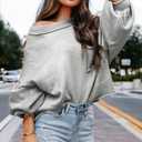 EVALESS Women's 2024 Lantern Long Sleeve Crewneck Sweater Casual Solid Color Ribbed Hem Knitwear Pullover Cropped Tops (Gray, S)