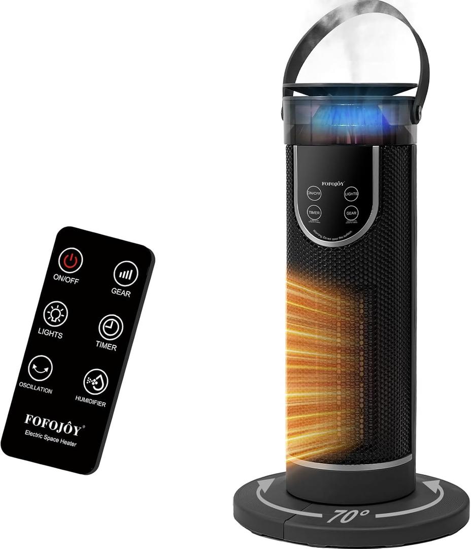 Space Heaters for Indoor Use, Electric Space Heater with Remote, Humidifier, 12H Timer, 3 Modes, Oscillation, Ambiance Light,1500W/750W Portable Heater for Room