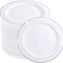 WELLIFE 144 Pieces Silver Plastic Dessert Plates, 7.5 inch Disposable Salad Plates, Premium White Appetizer Plates with Silver Rim, Ideal for Party, Wedding