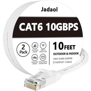 Jadaol Cat 6 Ethernet Cable 10ft 2-Pack, 10Gbps Support Cat8 Cat7 Network, Flat High Speed LAN Internet Patch Cables, Short Ethernet Cables for Router, Modem, Switch, PC, Laptop, Gaming Console, White