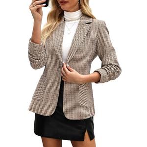 ELLEVEN Plaid Blazers for Women Business Casual Tweed Outfits One-Button Long Sleeve Boyfriend Suit Jacket Houndstooth Fall Work Office Dressy Professional Light Brown Houndstooth X-Large