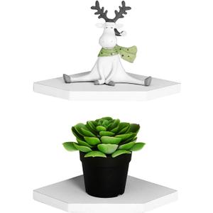 WELLAND 7-Inch Floating Corner Shelves Set of 2, Wall Mounted Storage Shelf with White Finish for Bedroom, Living Room, Bathroom, Display Shelf for Small Plant, Photo Frame, Toys and More