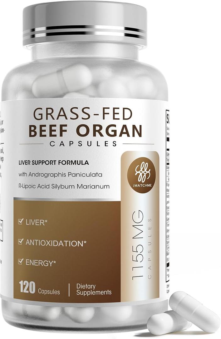 2 x iMATCHME Grass Fed Beef Organ Supplement with Beef Liver & Adrenals, R-Lipoic Acid for Liver Detox, Antioxidant, Energy & Overall Health, 120 Count (Pack of 1) | Easy to Swallow | for Women and Men