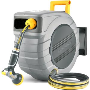 Retractable Garden Hose Reel 1/2 in x 130 ft, 2025 Upgraded Dual Ratchet Lock UV & Freeze Protection Brass Seal Slow Retraction Anti-Tangle Hose 180Swivel Reinforced Scaffold Wall Mount (1/2" 130FT, Light Gray)