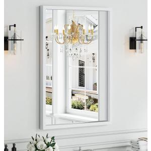 Syndra White Wood Frame Bathroom Mirror, 24''x36'' Modern Vanity Mirror for Wall, Waterproof Slim Deep Frame, Rectangular HD Tempered Glass Mirror for Living Room, Bedroom, Entryway, Rustic, Farmhouse