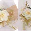 USIX 2pc Pack-Handmade Artificial Flower Rose with Gold Leaves Ribbons Artificial Pearls Wrist Corsage & Men's Lapel Boutonniere Pin Combo Set Package for Wedding Party Prom Homecoming (Corsage Pack)