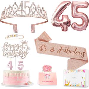 45th Birthday Gifts Decorations for Women, Including 45 year old Cake Topper, Birthday Queen Sash with Pearl Pin, Sweet Rhinestone Tiara Crown, Number Candles and Balloons Set, Rose Gold