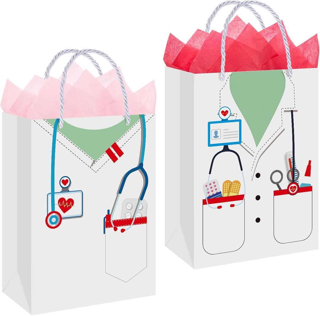 Supervitae 2 Pcs Large Nurse Week Gifts Bag with Tissue Paper and Handle 9.2x5.2x12 Inch Thick Cardboard Nurse Appreciation Graduation Thank You Gifts for Medical Doctor Social Worker (White)