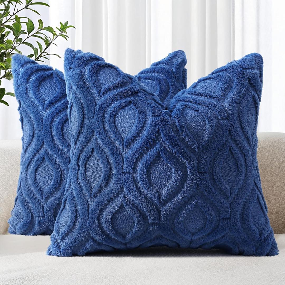 DecorUhome Throw Pillow Covers 16x16 Inch Set of 2, Soft Plush Faux Wool Dark Blue Solid Couch Pillow Covers, Accent Farmhouse Neutral Square Pillow Cases for Sofa Bed Living Room