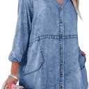 Denim Shirt Dress for Women Long Sleeve Button Down Shirts V Neck Mini Casual Jean Dresses 2025 Trendy Outfits (X-Large, Dark Blue)