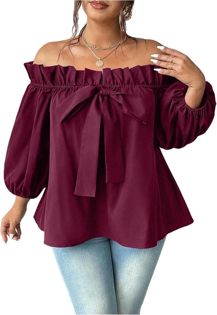 SweatyRocks Women's Plus Size Ruffle Off The Shoulder Blouse Bow Tie Front 3/4 Bishop Sleeve Loose Shirt (Red, XXL)