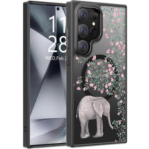 Goodon for Galaxy S25 Ultra Case, Wireless Charging Compatible, Shockproof Translucent Matte Cover - Cute Floral Design Phone Case for Women Girls - Elephant Flowers