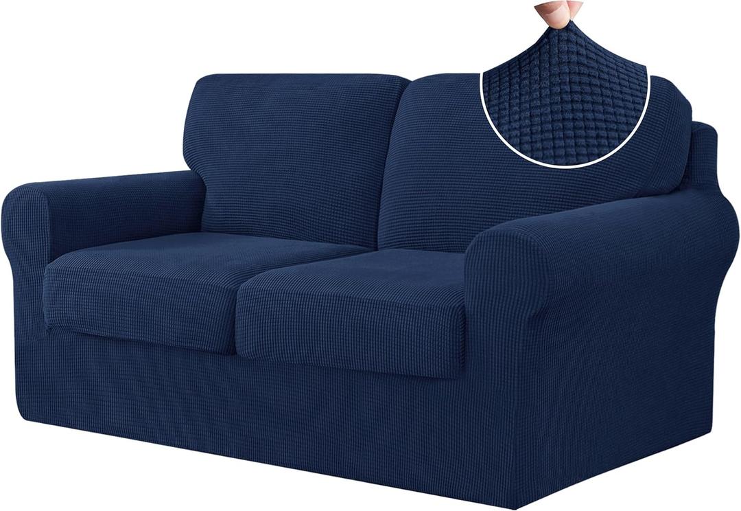 CHUN YI 5 Piece Stretch Loveseat Sofa Cover, 2 Seater Couch Slipcover with Two Separate Backrests and Cushions with Elastic Band, Checks Spandex Jacquard Fabric(Medium,Dark Blue)
