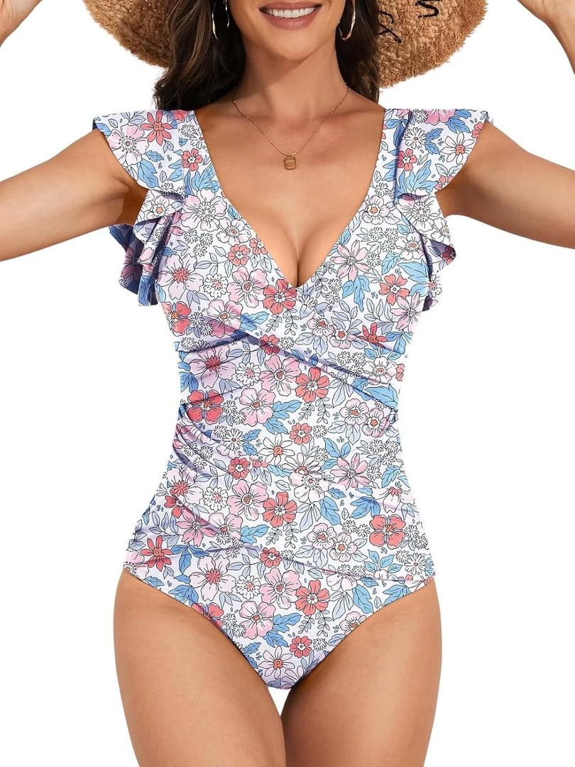 B2prity Women's One Piece Swimsuit Ruffle Slimming Tummy Control Bathing Suit Criss Cross High Waist 1 Piece Swimwear (X-Large, Orange Floral Printed)