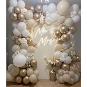 White Sand Gold Balloon Garland Arch kit 144pcs Beige Nude White with Metallic Chrome Gold Latex Balloons for Wedding Bridal Shower Engagement Party Decorations Birthday Baby Shower Supplies