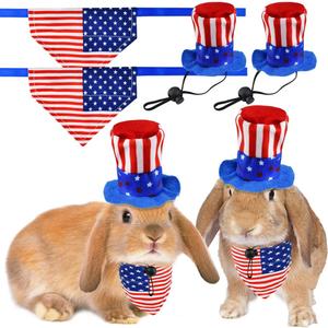4 Pcs Pet Independence Day Costume Pet 4th of July Guinea Pig Hat and Bandana Uncle Sam Rabbit Hat American Flag Small Animals Hat Bandana Triangle Bib Scarf with Stars and Stripes Pattern (L)