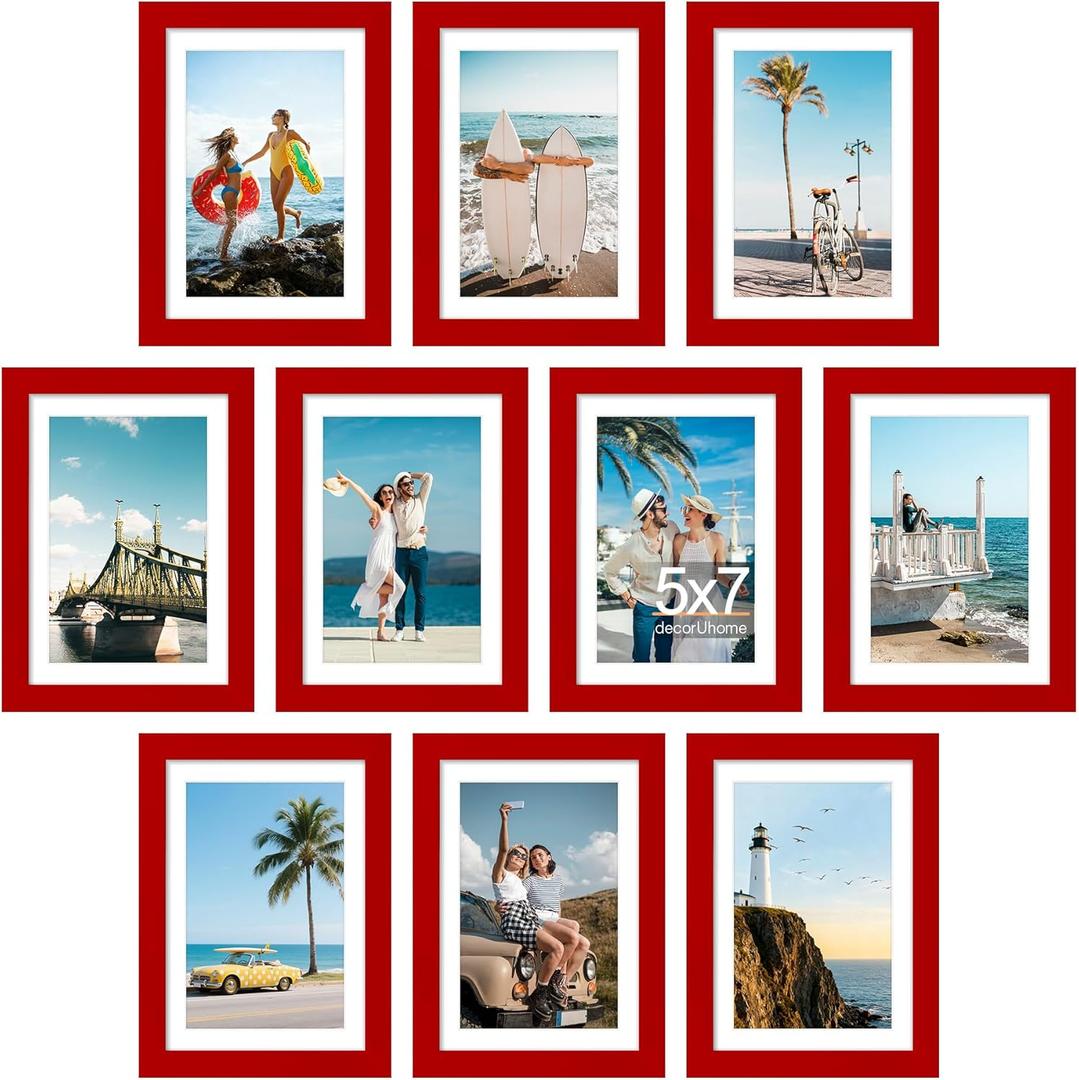 decorUhome 5x7 Picture Frame Set of 10, Display Photos 4x6 with Mat or 5x7 Unmatted for Picture Frames Collage Wall Decor, Red