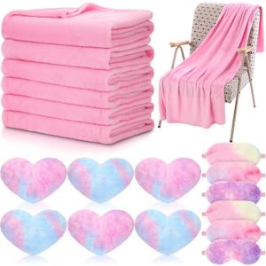 Set of 18 Kids Sleepover Party Supplies Set for Girls Fleece Soft Blankets Fluffy Heart Throw Pillow Plush Sleep Eye Mask for Spa Camping Birthday Favors (Light Pink, Rainbow Colors) (12 11inch)