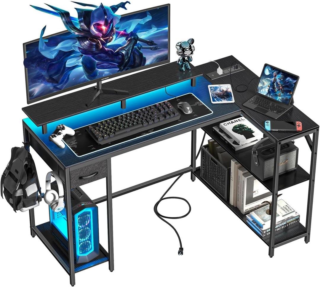 47 inch Gaming Desk with Power Outlet & LED Light, Reversible L Shaped Desk, L Shaped Desk with Hook & Monitor Stand, Computer Desk with Drawer and Shelves for Home Office Bedroom (Black)