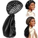 2 In 1 Wrap Cap Bonnet, Reversible Curly Hair Bonnet for Sleeping, Silk Press & Braid Protection, Adjustable Double Layer Hair Wrap Cap&Net, Elastic Hairsaver Wrap Caps for Natural, Braided Locs-Black