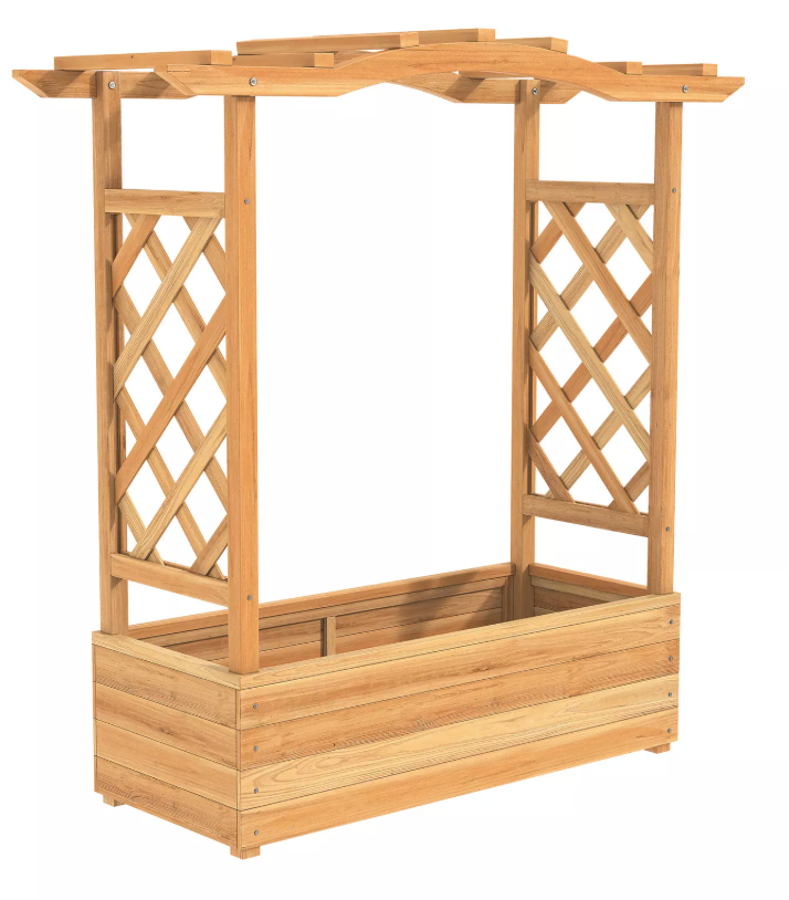  Raised Garden Bed with Trellis, Wood Planter Box w/Hanging Roof, Drainage System, Elevated Garden Box for Climbing Vine, Outdoor Planter w/Trellis for Patio Balcony, 44" x 14" x 45"