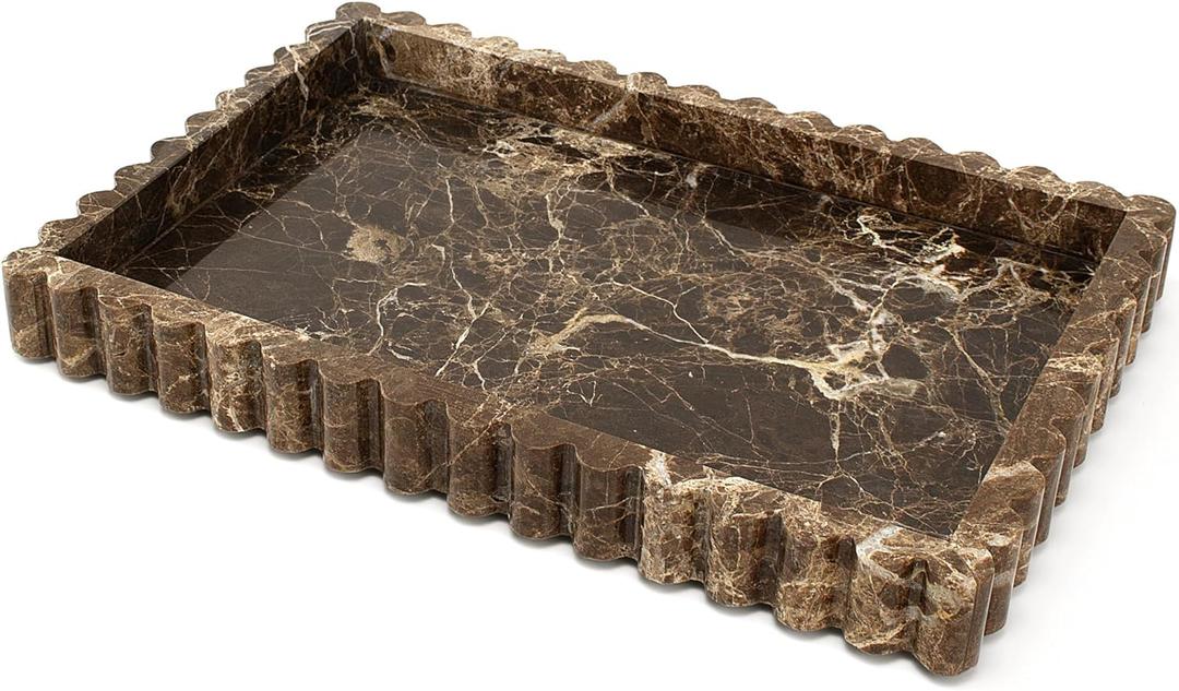 YMXYJM Natural Marble Tray for Bathroom, Real Stone Decorative Vanity Tray with Fluted Edge, Large Marble Serving Storage Tray for Kitchen Counter, Dresser, Home Decor, 11.8" x 8", Dark Brown