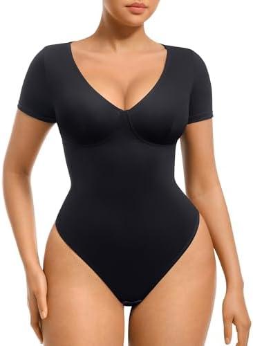FeelinGirl Short Sleeve Bodysuit for Women Tummy Control Shapewear Going Out V Neck Shirt Slim Top, XXL