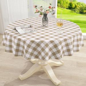misaya Round Waterproof Vinyl Table Cloth, Buffalo Flannel Backed Tablecloth, Wipeable Plastic Table Cover for Dinner, Kitchen, Picnic (60", Khaki and White)