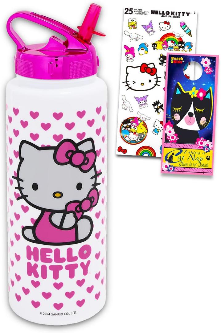 Hello Kitty Reusable Water Bottle - Bundle with Plastic Water Bottle with Spout for Home, School, Sports Plus Sticker, More