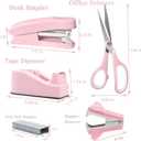 Pink Office Supplies, Pink Desk Accessories Set Stapler, Tape Dispenser, Scissors, Sticky Notes, Pen, Tape Measure, Office Clips,Staples Rmover, 1000pcs Staples, Gift for Women Students Teacher