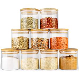Glass Jars with Bamboo Lids (16oz in 9 Pack), Food Jars and Canisters Sets with lids, Food Storage Jars with Airtight Lids, Glass Pantry Jars