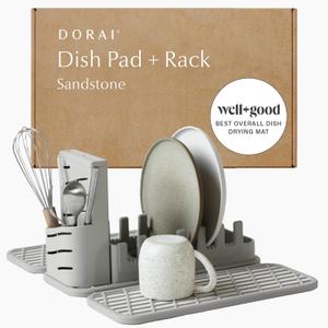 Dorai Home Collapsible Dish Drying Rack and Stone Dish Pad Foldable Dish Drainer with Instant-Dry Stone Dish Mat Space-Saving Dish Rack for Kitchen Counter -19.9" x 15.2" (Sandstone)