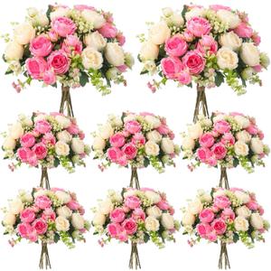 Geosar 8 Bundles Artificial Peonies Flowers Fake Silk Peony Bouquet Faux Peonies Flowers Bulk for Decoration Vase Floral Arrangements Wedding Party Table (Pink,Champagne)