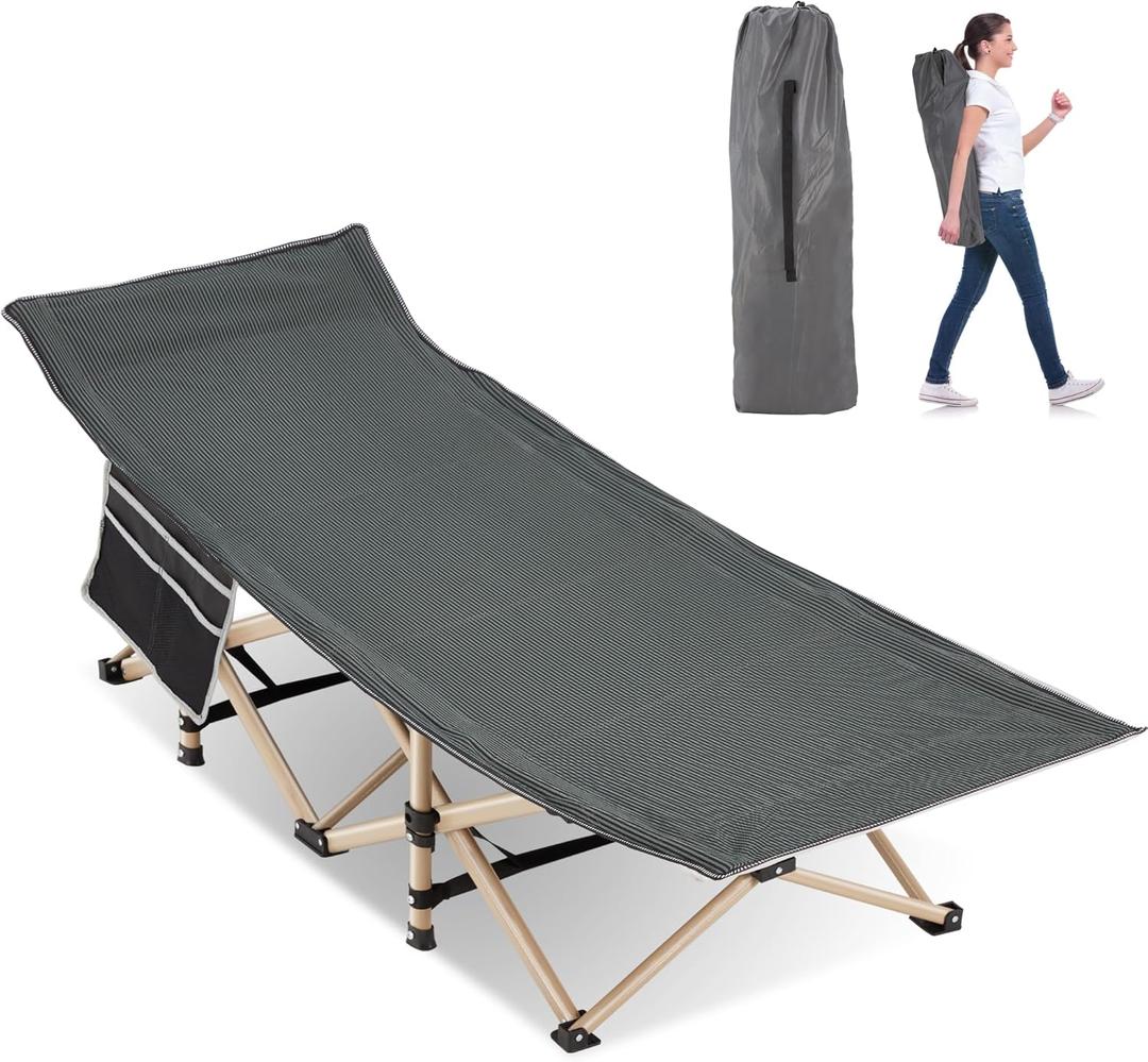 Folding Camping Cot for Sleeping, Portable Cots for Adults, Heavy Duty Cot Bed 550LBS(Max Load), Extra Wider Cots with Large Pocket for Outdoor, Office, Beach (Stripe Grey)