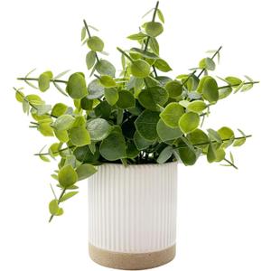 Coferset Small Fake Plants Eucalyptus Potted Artificial Plants Faux Plant Greenery in Ceramic Pot for Bedroom Kitchen House Living Room Shelves Farmhouse Table Office Desk Bathroom Home Indoor Decor