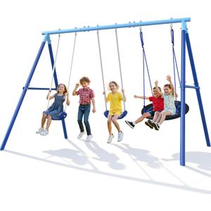 Heavy Duty Swing Set for Kids Ages 3-8 - 600 lbs Capacity Outdoor Metal A-Frame Playset, 3-in-1 Backyard Playground Equipment with 2 Blow Molded Belt Swings and 32" Saucer Swing