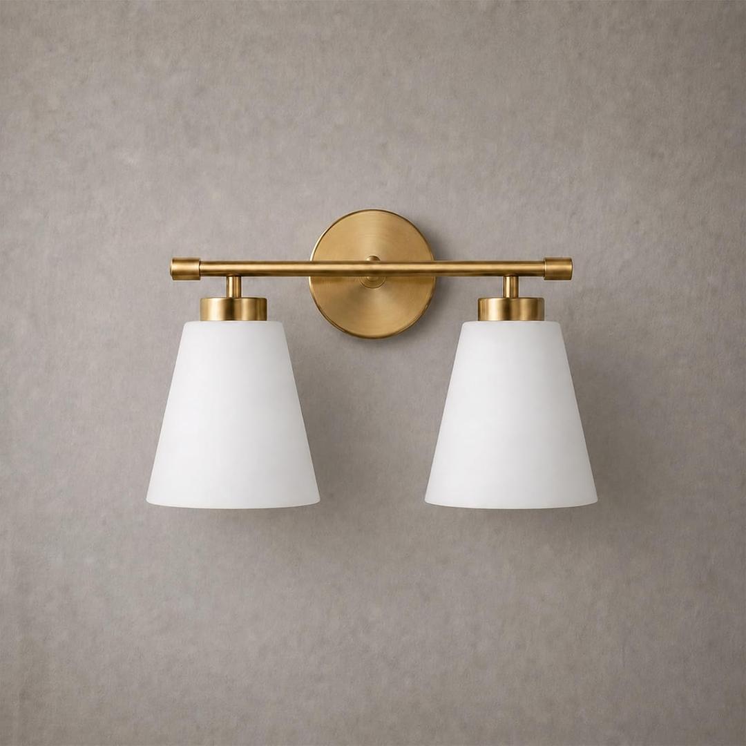 Hamilyeah Gold Bathroom Vanity Light Fixture with Frosted Glass Shade, 2 Light Vanity Lighting Fixture Over Mirror, 2 Bulb Wall Lamps for Bathroom, Restroom, Living Room, 2-light Milk Glass