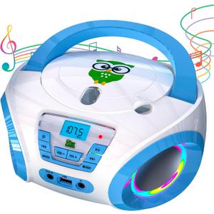 TinyGeeks Tunes Kids Boombox CD Player for Kids - NEW 2023 - FM Radio - Batteries Included - Cute white Radio cd Player with Speakers for Kids and Toddlers - Blue