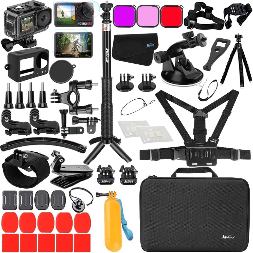 Accessories Bundle for DJI Osmo Action 5 Pro/Action 4/3 Waterproof Case Diving Housing Silicone Case Glass Screen Protector Film Whole Kit 60E (Kit1 for DJI Osmo Action 5 Pro/4/3)