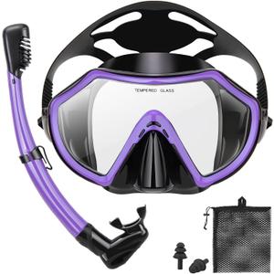 Snorkeling Gear for Adults, Dry Adult Snorkel Set HD Panoramic View Snorkel Mask Set, Anti-Leak and Anti-Fog Scuba Diving Package with Mesh Bag Ear Plug for Snorkeling Scuba Diving Travel (Purple)