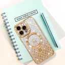 Bonoma Compatible with iPhone 15 Pro Case Support for MagSafe, Plating Heart Glitter Magnetic Checkered Case TPU Camera Protection Back Cover for Girls Women -Gold
