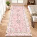 Washable Runner Rug 2'x6',Pink Rug Runners Non Slip,Long Boho Rugs for Hallways Kitchen Bathroom Bedroom Entryway,Vintage Bohemian Distressed Floor Carpet,Blush Floral Flowers