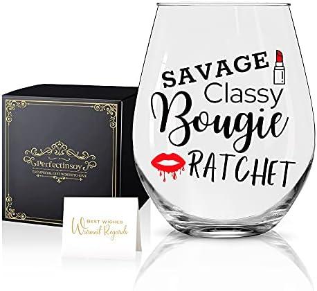 Perfectinsoy Savage Classy Bougie Ratchet Wine Glass with Gift Box, Cute Wine Glass Gifts for Tik Tok Fans, Women, Best Friend, Friends, Sister, Her, Funny Sayings