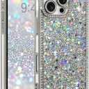 LAPOPNUT for iPhone 16 Pro Case, Cute Bling Sequin Glitter Sparkly Rhinestones Rectangle Edge Phone Case for Girls Women, Crystal Diamond Full Camera Protective Shockproof TPU Bumper Cover, Silver