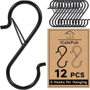 12 PCS S Hooks for Hanging with Safety Buckle, 3.5 inch Heavy Duty Metal S Shaped Hooks for Kitchen Utensil, Cups, Pots, Plants, Bags, Hats (Black)